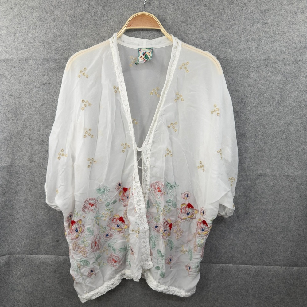 Johnny Was Elijah‎ Floral Embroidered Kimono Eyelet Cardigan Sheer White Small